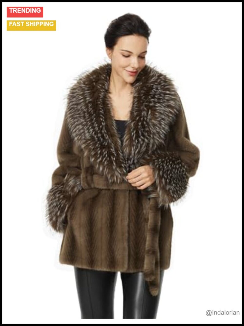 Faux Fur Coat with Belt Pockets Large Lapel Short Winter Jacket